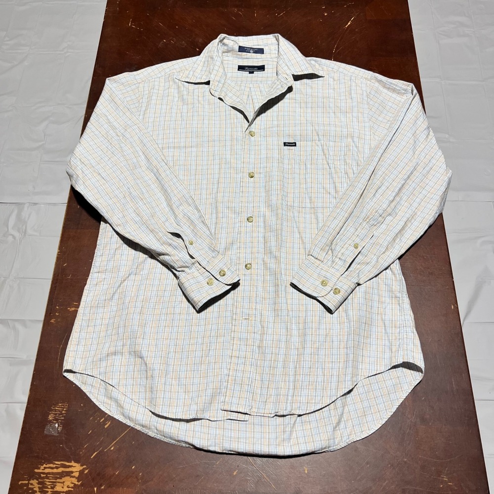 Faconnable Mens Plaid Button Down Shirt Size M Blue Orange Cotton Made in USA - Picture 12 of 13
